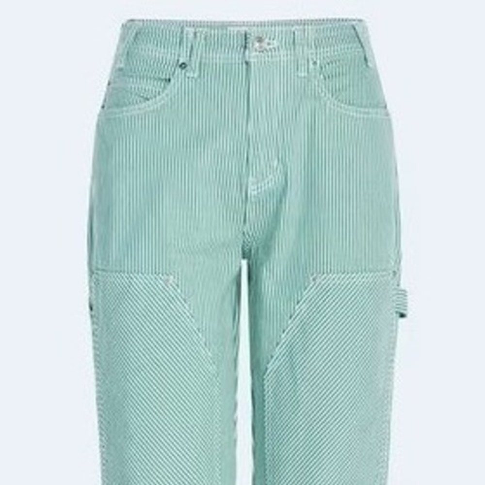 FREE ASSEMBLY Relaxed Fit Carpenter Jeans Sz 14 Green & White Striped Denim NWT - Picture 3 of 16